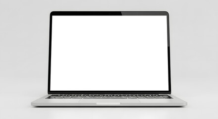 A silver laptop with a blank white screen is positioned on a white surface, ready for content.