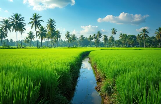 Rich green rice paddy fields in rural India, with winding water channel, line of tall palm trees under bright blue sky with scattered clouds. Vibrant Asian countryside landscape agricultural beauty,