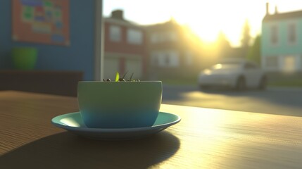 Serene Morning: Planted Cup with Sunlight and Suburban View.