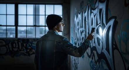 Male graffiti artist illuminates urban art in abandoned building
