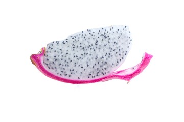 Fresh dragon fruit, sliced ​​into small pieces arranged on a white background.