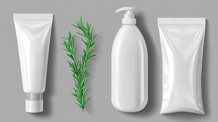Minimalist Beauty Product Mockups with Rosemary Sprig on Gray Backdrop