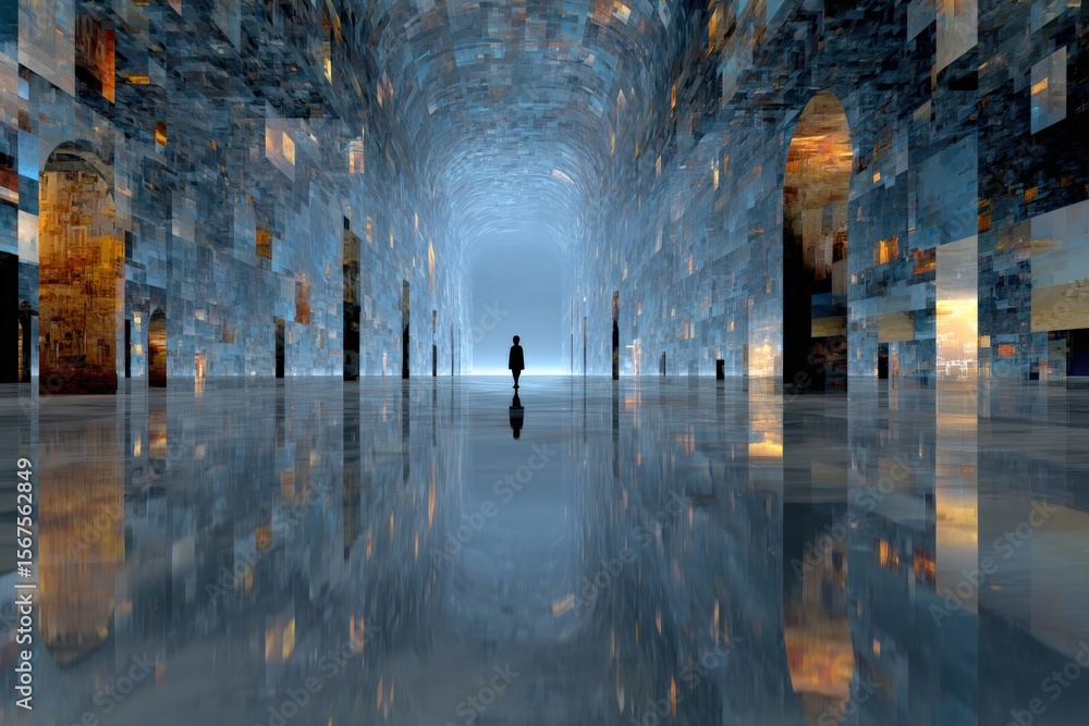 Poster abstract futuristic corridor with reflective water surface and vibrant digital mosaic walls featu a 