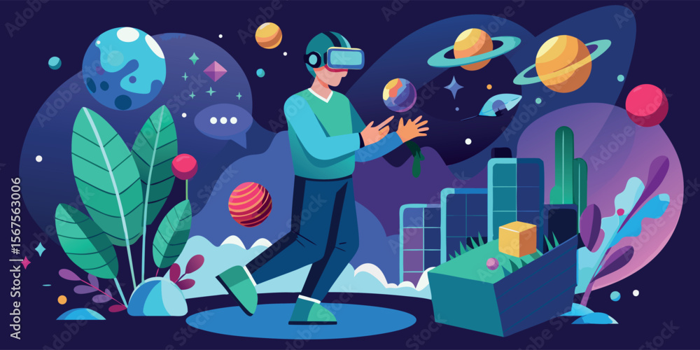 Poster virtual reality exploration in a colorful cosmos with planets and futuristic elements