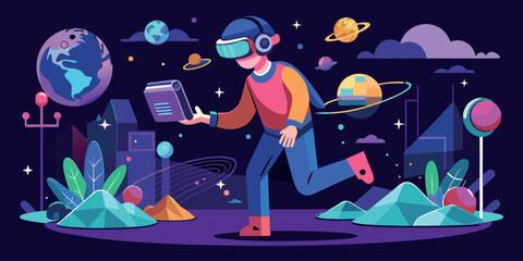 Exploring virtual reality worlds with immersive technology and futuristic landscapes