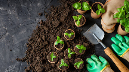 Seedlings in Biodegradable Pots with Gloves and Gardening Tools on Black Background