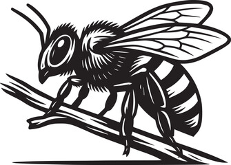 Striking Black and White Bee Illustration on Branch