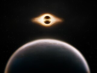 Planet orbiting a black hole. Singularity attracts exoplanet. Extrasolar world moving toward event horizon.