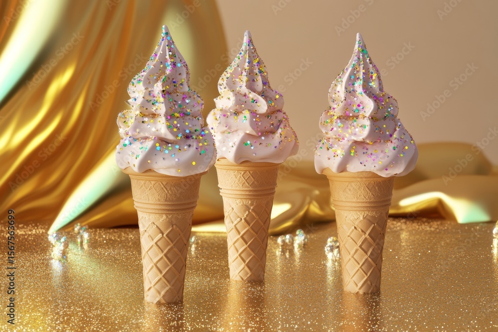 Poster three delightful ice cream cones topped with fluffy swirls of soft serve and shimmering edible glitt