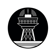 Black and white illustration of a control tower with radio waves