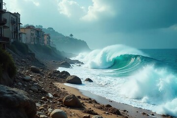 Devastating Tsunami Wave Crushing Coastal Buildings A Powerful Surge of Natures Fury Leaves a Trail of Destruction and Debris in its Wake.