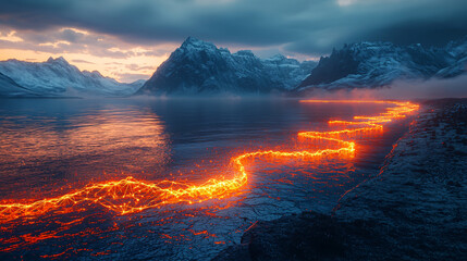 Fototapeta premium Glowing Lava Flow Over Icy Terrain at Twilight in Scenic Landscape