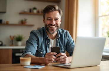 Smiling mid-adult man uses mobile phone, laptop at home dining table. Holds credit card, suggesting online shopping financial transactions. Casual domestic scene shows happy lifestyle with technology.