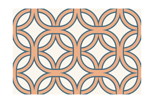 Geometric pattern interlocking orange blue circles on a cream in a rectangular shape