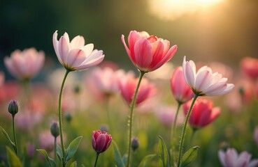 Obraz premium Field of soft pink and white flowers at sunset. Delicate petals catch golden sunlight creating bokeh effect. Gentle breeze sways blooms. Nature awakens, springtime beauty.