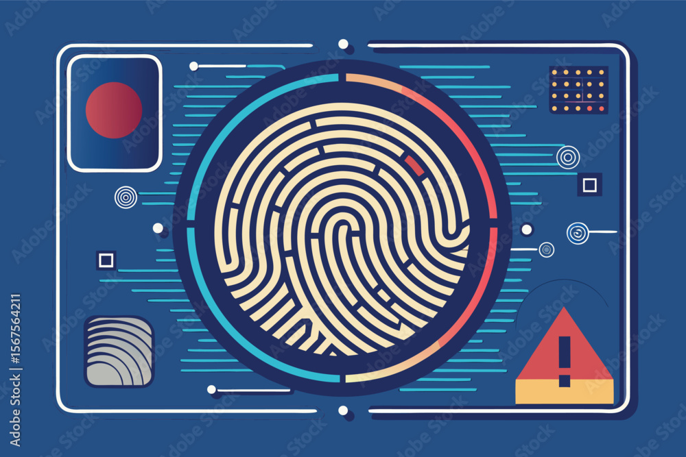 Poster unique graphic design features a detailed fingerprint and vibrant digital patterns showcasing securi