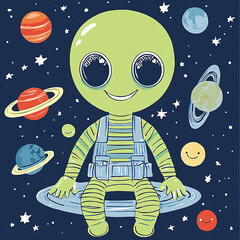 Fototapeta premium Alien Cartoon vector illustrations depict an astronaut on the moon with a spaceship and a UFO flying among stars and planets in the night sky