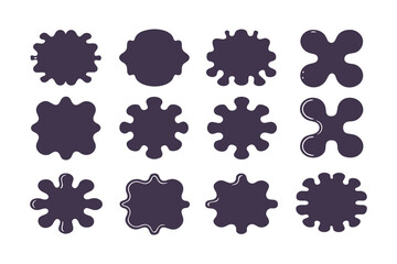 Collection of abstract black ink splatter shapes on white background, perfect for graphic design, labels, and decorative elements.