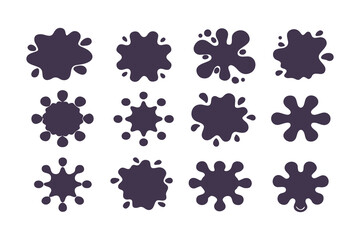 Collection of abstract black ink splatter shapes on white background, perfect for graphic design, labels, and decorative elements.
