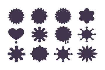 Collection of abstract black ink splatter shapes on white background, perfect for graphic design, labels, and decorative elements.
