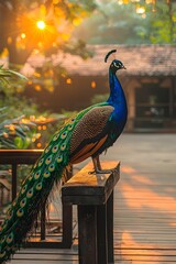 Peacock with a screen in the courtyard