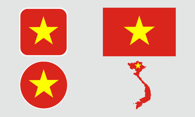 A set of Vietnam flag icons. A set of flags in square, rectangular, round and map shapes. Flag icons.