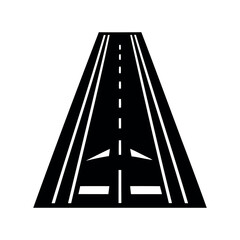 Stylized monochrome representation of an airport runway with center lines and markings