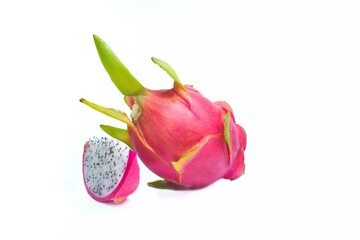 Fresh dragon fruit, arranged on a white background, halved and sliced.
