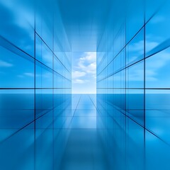 Modern glass-walled architectural corridor with a clear sky view.