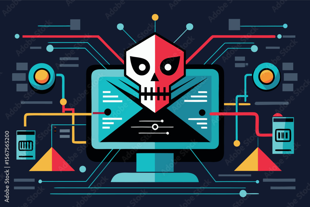 Aufkleber digital security breach representation with skull and computer graphics illustrating cyber threats