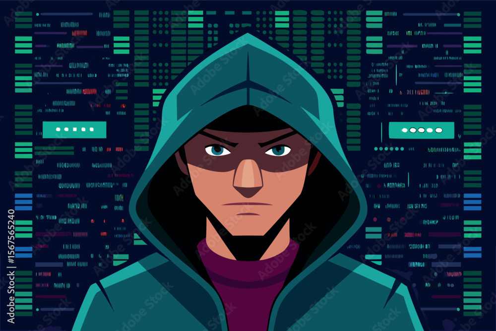 Poster young hacker focused on coding, set against a digital backdrop of data and computer graphics at nigh