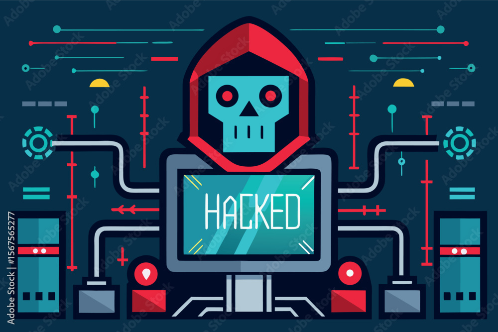 Poster digital representation of a cyber attack with a skull and the word hacked on a computer screen
