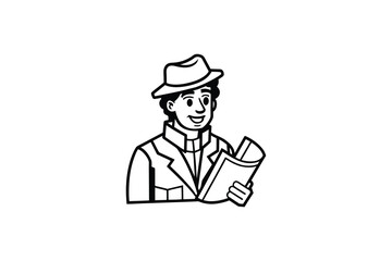 Cartoon man with hat reading newspaper in black and white outline style