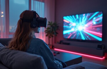 Woman engrossed in futuristic video game using VR headset, large screen TV. Immersive digital interface offers exciting action, adventure. Modern lifestyle choice for home entertainment, virtual