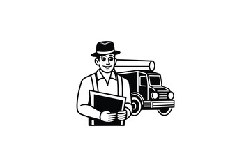 Fototapeta premium Delivery Man with Truck and Package Illustration in Black and White