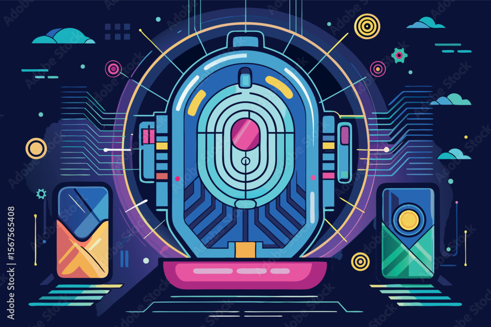 Poster digital illustration of a futuristic device with vibrant colors and geometric patterns in a technolo