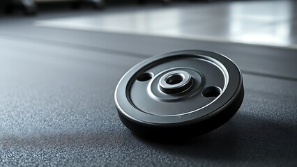 A single weight plate resting on a gym floor, showcasing metallic reflections and minimalistic design.