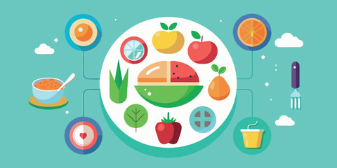Healthy food choices illustrated with colorful graphics and a variety of fruits and vegetables in a vibrant setting
