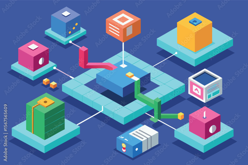 Poster colorful geometric blocks connected in a dynamic network on a blue background arranged in a modern d
