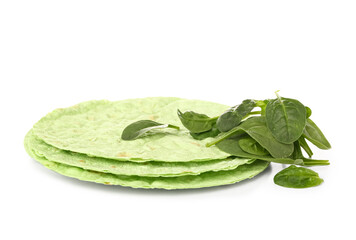 Round green lavash with spinach on white background
