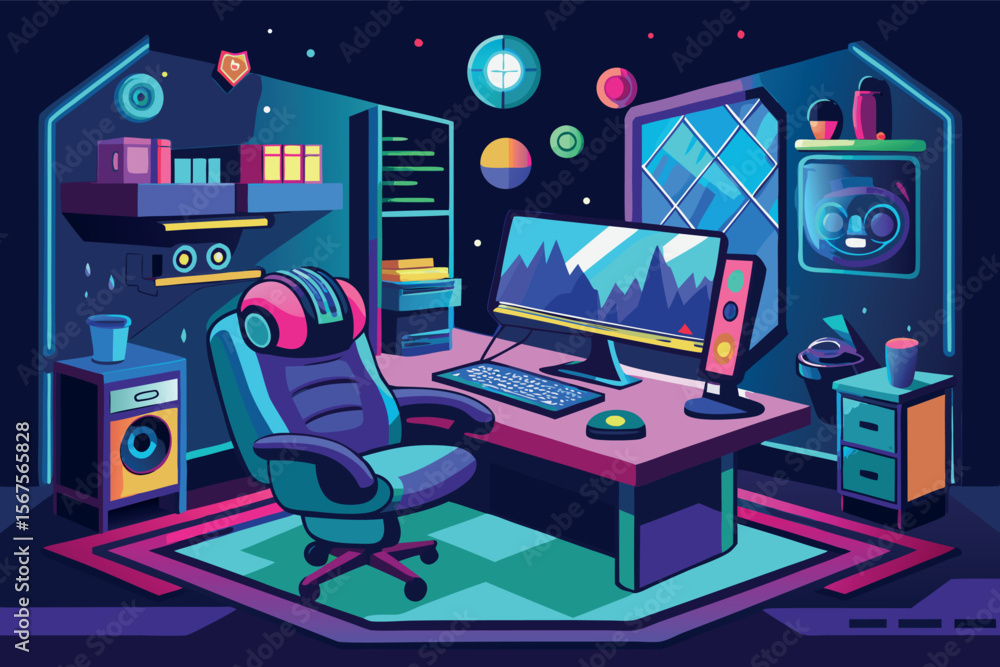 Poster digital workspace design featuring modern gaming setup with vibrant colors and futuristic elements