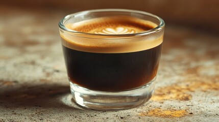 Freshly Brewed Coffee with Rich Crema in Glass Cup on Table
