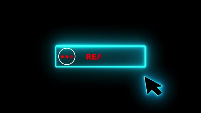 Glowing neon color white text cursor animation. design is Read more button vector sign, symbol. looping with transparent black background animation 4k video.