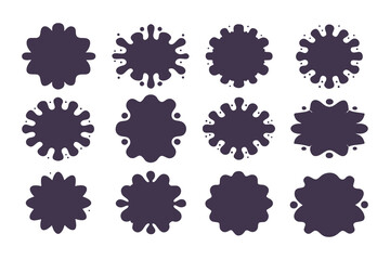 Collection of abstract black ink splatter shapes on white background, perfect for graphic design, labels, and decorative elements.