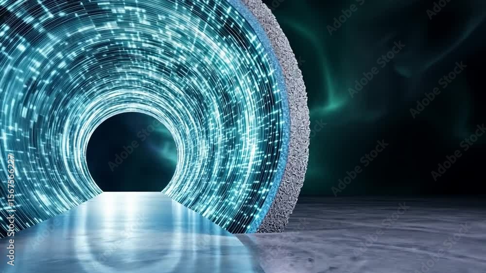 Poster gateway to technology: an immersive view of a futuristic circular portal, bathed in electric blue li