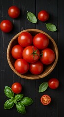 Fresh tomatoes and basil in wooden bowl