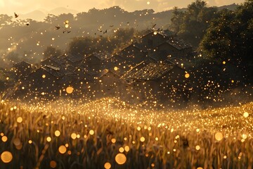 Under the sunset, the stone houses in the ancient village emit warm lights