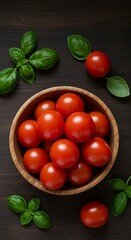 Fresh tomatoes and basil in wooden bowl