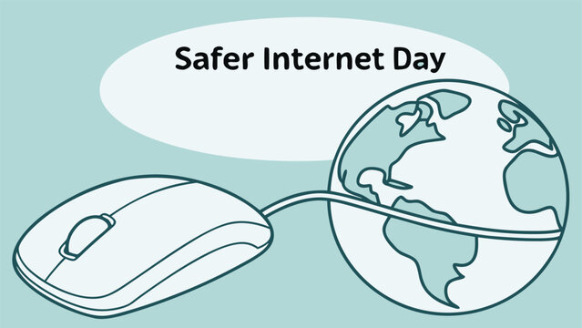 Safer Internet Day:  A computer mouse connected to a stylized Earth globe, illustrating online safety, global connectivity, and responsible digital citizenship in a minimalist, calming teal design.