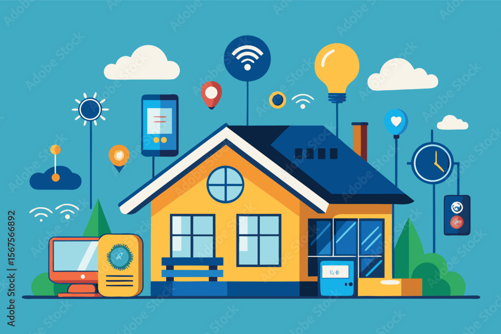 Poster smart home setup with modern technology and various connected devices in bright colors